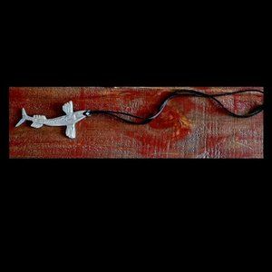 PEWTER FLYING FISH ON BLACK CORD NECKLACE ARTIST INITIALED GREAT ESTATE FIND!